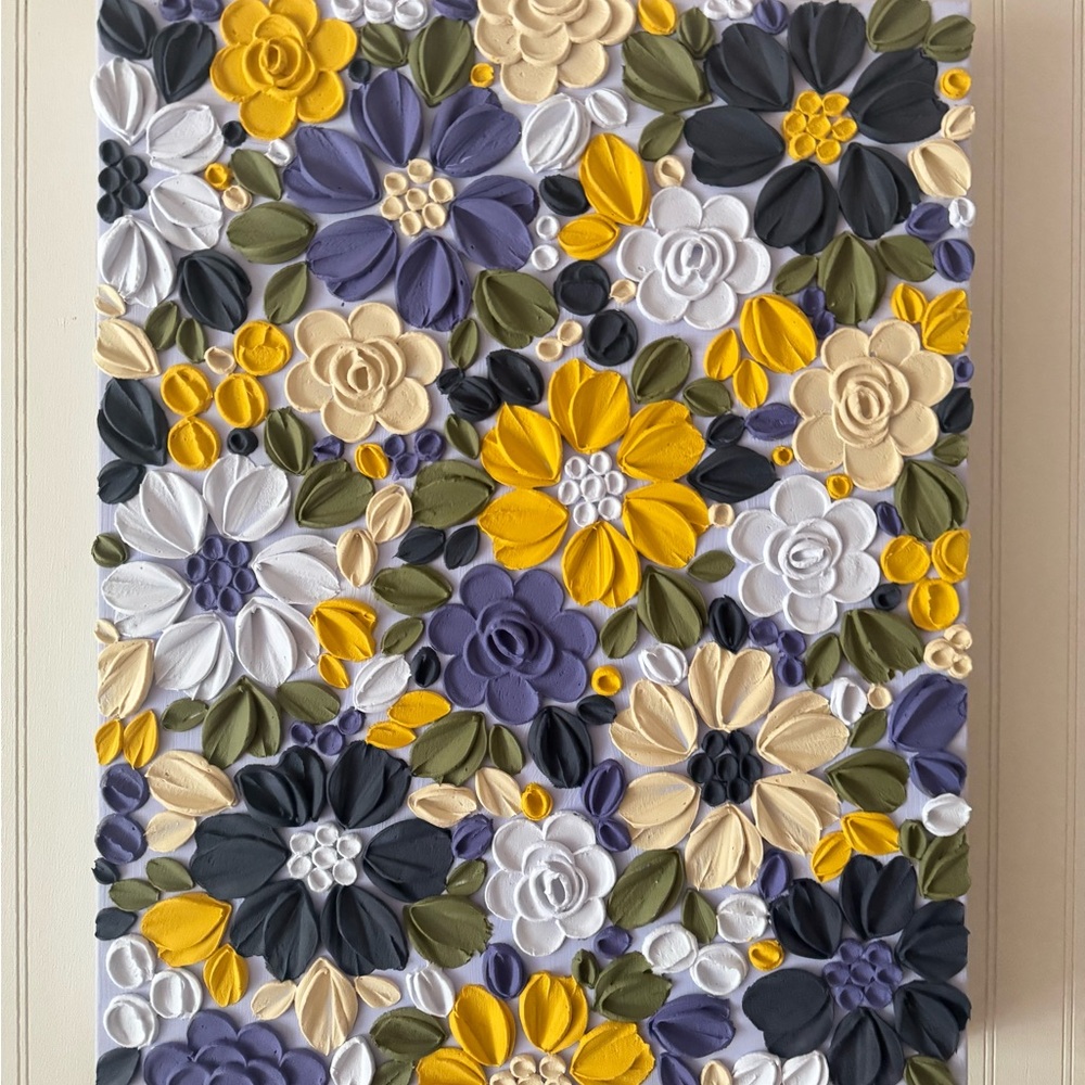 HANDMADE Floral Canvas Art in Yellow, Purple, and White